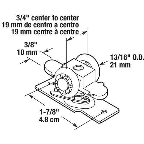 Diagram of Pocket Door Roller Assembly 13/16 Inch Convex Wheel With Plastic Tires, Steel Bracket And Ball Bearings For Bi Fold And Pocket Doors Easy Swap Replacement Part, showing dimensions and components.