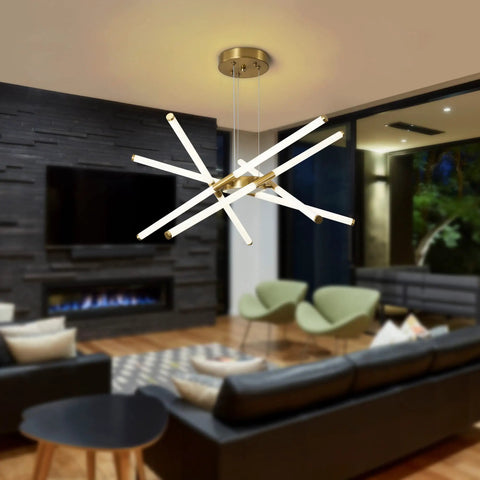 Modern Gold LED Chandelier, 10 Light Linear Art Deco Fixture For Dining Room, Living Room, And Bedroom, DIY Install, Warm White 4000K