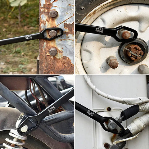 Four Piece Universal Torx Wrench Set With Double Head Self Tightening Design Adjustable From Three Millimeter To Twenty Two Millimeter Glasses Wrench For All Purpose Tasks At Home In The Garage On The Road Outdoor Riding And Car Repair in use on various bolts and surfaces.