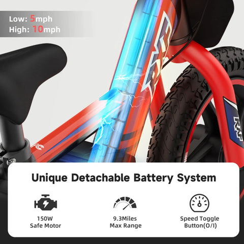 Lightweight Kid Friendly Electric Motorcycle 150W Up To 10 MPH With 24V Detachable Battery Dual Brakes Balance Bike For Ages 3 To 6 Safe Easy Assembly Non Slip Footrests Off Road Ready Fun, close-up of battery and speed controls