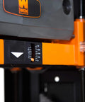 Close-up of Quick Set Depth Gauge on Garage Ready Spiral Benchtop Thickness Planer for precise lumber milling.