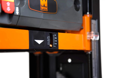 Close-up of Quick Set Depth Gauge on Garage Ready Spiral Benchtop Thickness Planer for precise lumber milling.
