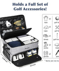 Open Must Have Golf Trunk Organizer for Cars With 2 Shoe Compartments Adjustable Dividers Water Resistant Gear Bag with items.