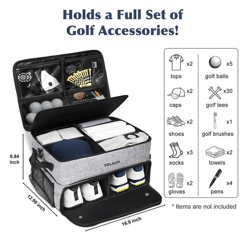 Open Must Have Golf Trunk Organizer for Cars With 2 Shoe Compartments Adjustable Dividers Water Resistant Gear Bag with items.