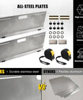 Stainless Steel Wheel Alignment Tool Plates 2 Pack With Tape Measures Magnetic Slots And Hanging Holes For Easy Storage Pro Grade Universal Toe Alignment Tool For Cars Trucks SUVs And All Vehicles showing components including plates, tape measures, and accessories.