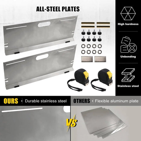 Stainless Steel Wheel Alignment Tool Plates 2 Pack With Tape Measures Magnetic Slots And Hanging Holes For Easy Storage Pro Grade Universal Toe Alignment Tool For Cars Trucks SUVs And All Vehicles showing components including plates, tape measures, and accessories.