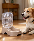 Set It And Forget It Gravity Pet Waterer Keeps Your Pooch Fully Hydrated With Large Capacity Plastic Bowl featuring a beige design.
