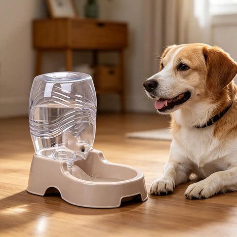 Set It And Forget It Gravity Pet Waterer Keeps Your Pooch Fully Hydrated With Large Capacity Plastic Bowl featuring a beige design.
