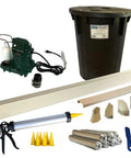 Solid All In One Basement Flood Defense System With Baseboard Channel Drains And Sump Pump Station includes basin, pump, sealant, and accessories.