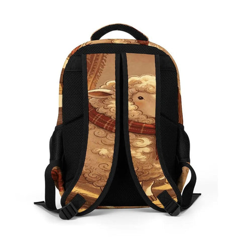 Back view of Scarf Sheep Printed Unisex Backpack With Large Capacity Everyday Daypack Built From Breathable Polyester Durable Zipper