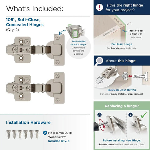 Hardcore Soft Closing Concealed Cabinet Hinges Pair For Frameless Doors Direct Mount Full Inset Build with two metal hinges and hardware.