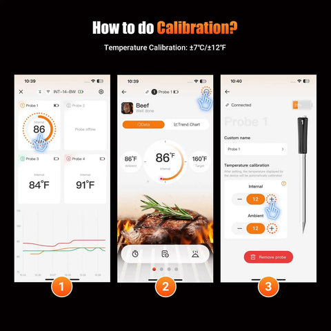 Image showing how to calibrate temperatures on the Four Probe WiFi Wireless Meat Thermometer With 360 Degree Readable LCD via app.