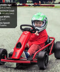 Child in helmet riding Turbocharged Dual 300W Motors 24V Go Kart For Kids 8 To 12 With 9Ah Battery Up To 8.1 MPH Top Speed Music Horn Safety Belt Drift Mode Max Load 175lbs Outdoor Ride On Toy For Teens Red