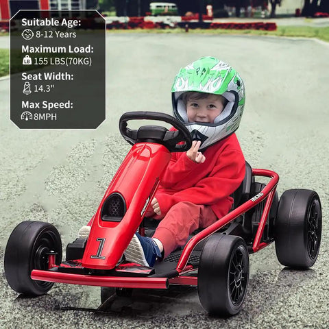 Child in helmet riding Turbocharged Dual 300W Motors 24V Go Kart For Kids 8 To 12 With 9Ah Battery Up To 8.1 MPH Top Speed Music Horn Safety Belt Drift Mode Max Load 175lbs Outdoor Ride On Toy For Teens Red