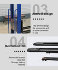 Heavy Duty Electric Pallet Stacker Hydraulic Lift 1100 Lbs Capacity Adjustable Forks Portable Industrial Warehouse Forklift Tool Cart close-up of armrest and reinforced fork design