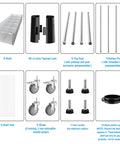 Built Like A Tank 6 Tier Wire Shelving Unit parts including shelves, poles, wheels, locks, and spacers for assembly.