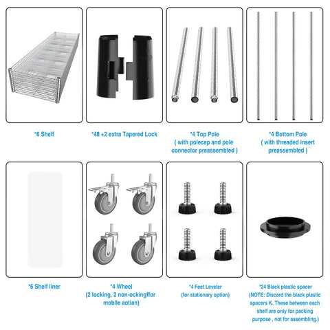 Built Like A Tank 6 Tier Wire Shelving Unit parts including shelves, poles, wheels, locks, and spacers for assembly.