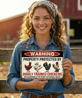 Woman holding Warning Highly Trained Chickens Tin Sign For Chicken Coops And Farm Decor Funny Backyard Fence Sign Gag Gift 8x12 inches