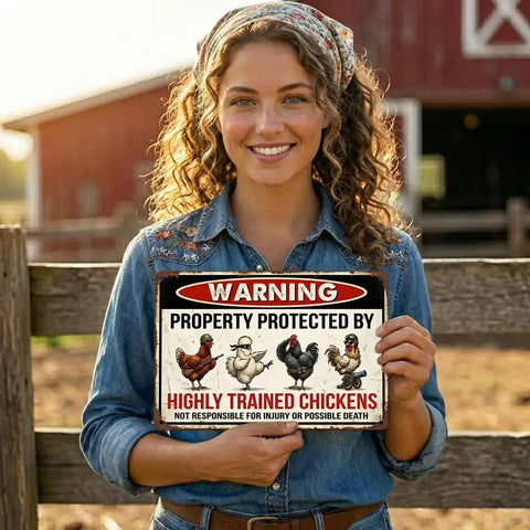 Woman holding Warning Highly Trained Chickens Tin Sign For Chicken Coops And Farm Decor Funny Backyard Fence Sign Gag Gift 8x12 inches