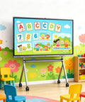 Premium 65 Inch 4K Touch Screen Display On Slick Rolling Cart Base Featuring Dual System Compatible Matte Anti Glare IPS Panel Low Blue Light Eye Care Tech For Corporate Or Classroom Use in a colorful classroom setting.