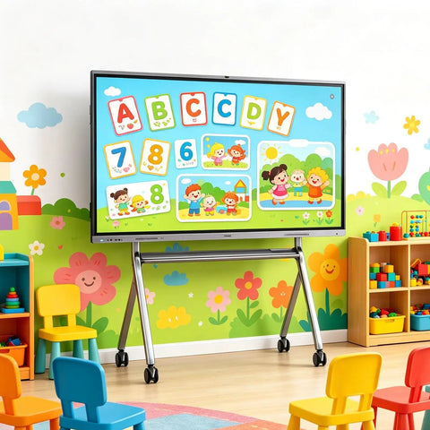 Premium 65 Inch 4K Touch Screen Display On Slick Rolling Cart Base Featuring Dual System Compatible Matte Anti Glare IPS Panel Low Blue Light Eye Care Tech For Corporate Or Classroom Use in a colorful classroom setting.