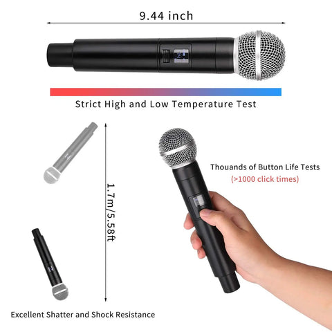 Wireless Microphone System With Dynamic Handheld Mics, 150 Ft Operating Range, 16 Hours Continuous Use, mic size details