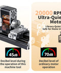 AcmeFlare 60W Mini Metal Lathe Machine, Ultra-Quiet 20000 RPM motor comparison showing 45dB operation.