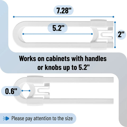 Diagram showing dimensions for Eight Pack Adjustable U Shaped Cabinet Locks For Baby Proofing And Kid Safe Home Easy Install Cabinet Latches