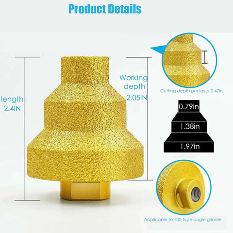 2-pack diamond brazed step drill bits with M10 thread, gold finish for angle grinders; for marble and tile