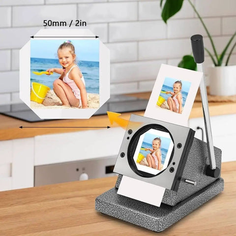 DIY Button Badge Maker Kit 50x50mm Pin Press Machine With Paper Cutter And 100pcs Components For Creating Custom Photo Magnets, Fridge Decor, Gifts, And Personalized Badges, showing a 50mm badge press with photo insert