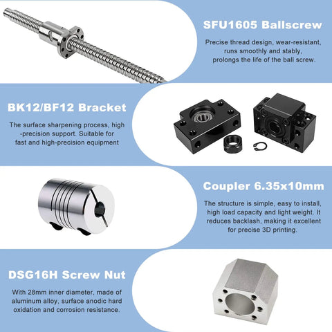 SFU1605 900mm Ballscrew Kit for CNC Machines with RM1605 spindle, metal ball nut, BK12 BF12 supports, DSG16H housing, BR couplers