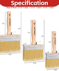 3-Piece Deck Stain Brush Set for Limewash and Wood Stain, featuring large, medium, and small brush sizes with dimensions.