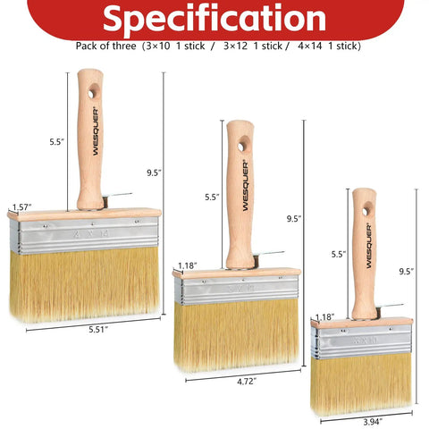 3-Piece Deck Stain Brush Set for Limewash and Wood Stain, featuring large, medium, and small brush sizes with dimensions.