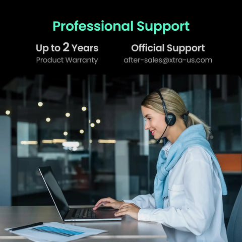 Professional support image with a woman on a laptop, representing Knockout 4K Action Camera With Hella Solid Build And Smooth 120fps Shooting.
