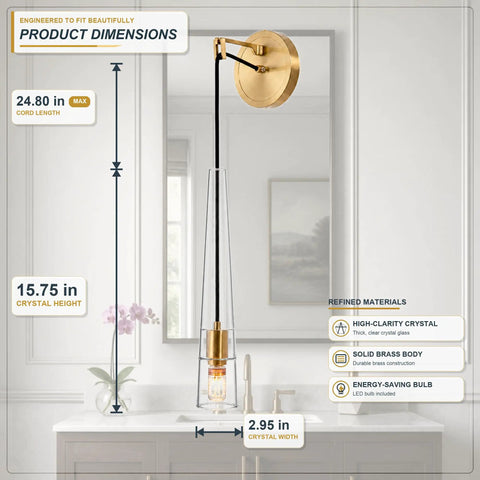 XYDikssn Crystal Wall Sconces with dimensions showing brushed gold brass and clear crystal glass, perfect for modern lighting.