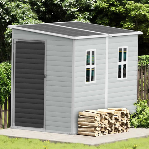 4x8 Foot Resin Lean To Shed With Floor, Waterproof Outdoor Storage Shed, Lockable Door And Window, Plastic Tool Shed