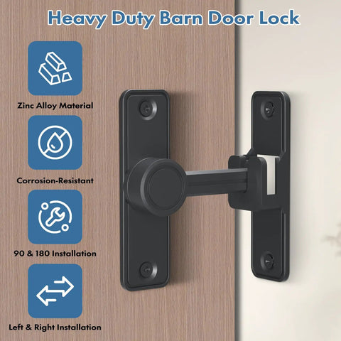 Heavy Duty Barn Door Lock Latch 90 And 180 Degree Adjustable for outdoor doors and gates in black zinc alloy, installed on wood door