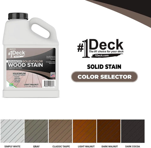 All In One Deck Stain And Sealer With UV Protection In A Solid Gray Finish For Wood Decks Fences And Siding, Water Based Formula, Opaque Coverage That Hides Grain And Guards Against Fading Mildew And Peeling, 1 Gallon Made In USA bottle with color options