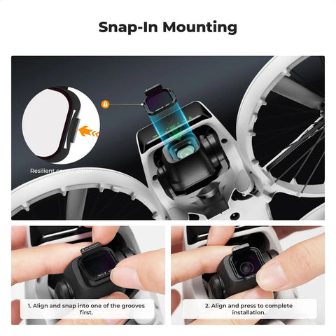 Snap-in mounting process for Hybrid ND And PL Drone Filter Kit For DJI Flip And Lito X1 Cameras, showing installation steps.