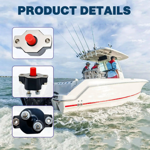 Top Shelf 50 Amp Push Button Circuit Breaker Badass Heavy Duty Build For Marine Motors High Heat Resistive Oem Drop In Swap Zaps Stubborn Hot Trips Smooth Sailing Operation Guaranteed, product details collage for marine use.