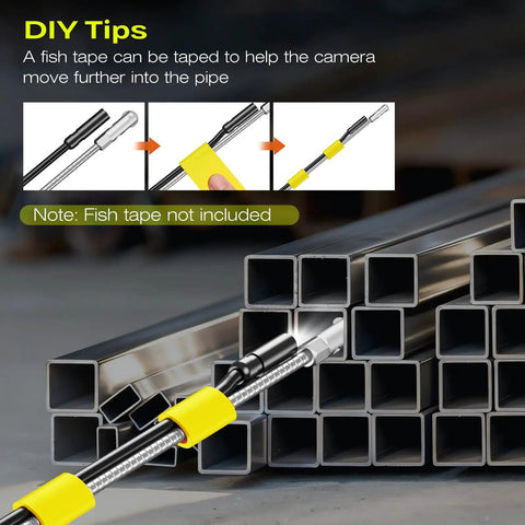 Boss HD Endoscope Camera With Light 1920P Borescope demonstrating use in metal pipes with yellow tape, note fish tape not included.
