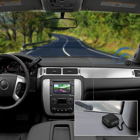 Waterproof Pro Grade GPS Antenna With SMA Male Connector inside car with navigation system, magnetic mount visible