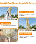 Heavy Duty Outdoor Umbrella Cover For 6 To 9 Foot Patio Umbrellas Built To Last Waterproof Windproof And UV Shield Khaki Garden Parasol Cover To Keep Your Small Table Umbrella Safe From Dust Fading Cracking And Tears shown in three installation steps: cover, zip, lock.