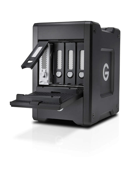 Heavy Duty 72TB Thunderbolt 3 Raid Drive Array with four high capacity drives and an open drawer for easy access.