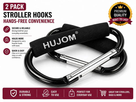 Heavy Duty Stroller Hooks 2 Pack Carabiner Clips For Hanging Diaper Bags Purse Grocery And Shopping Bags Hands Free On The Go Mom Must Have Accessory For Shopping Trips And Outdoor Adventures, shown with foam padding and branding.