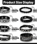 Dope Eight Piece Punk Rock Studded Leather Bracelet Set With Adjustable Spiked Zinc Cuffs For That Raw 80s Concert Vibe size display with measurements.