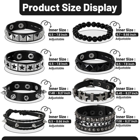 Dope Eight Piece Punk Rock Studded Leather Bracelet Set With Adjustable Spiked Zinc Cuffs For That Raw 80s Concert Vibe size display with measurements.