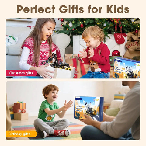 Kids opening 5DOF Smart Robot Arm And 4WD Remote Control Car Kit For Arduino Python Blockly Projects STEM Education Starter Kit
