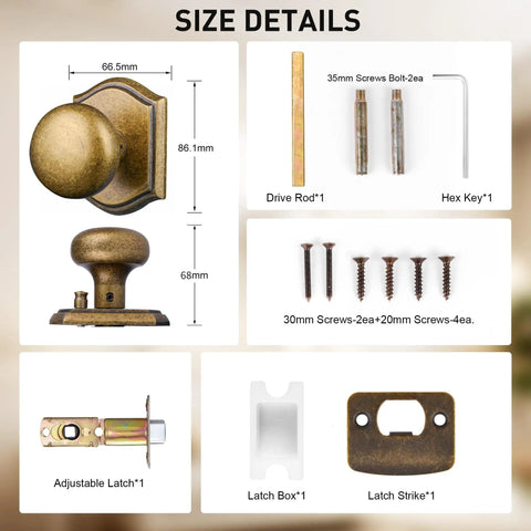 Size details of Antique Brass Interior Door Knob For Passage Doors, Classic Decorative Hardware That Looks Dope For Bedroom Or Bathroom