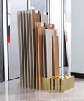Heavy Duty Tile Display Stand With 28 Deep Sample Slots Built Like A Tank For Flooring Contractors Showroom Ready Gold Steel Rack with multiple tile samples